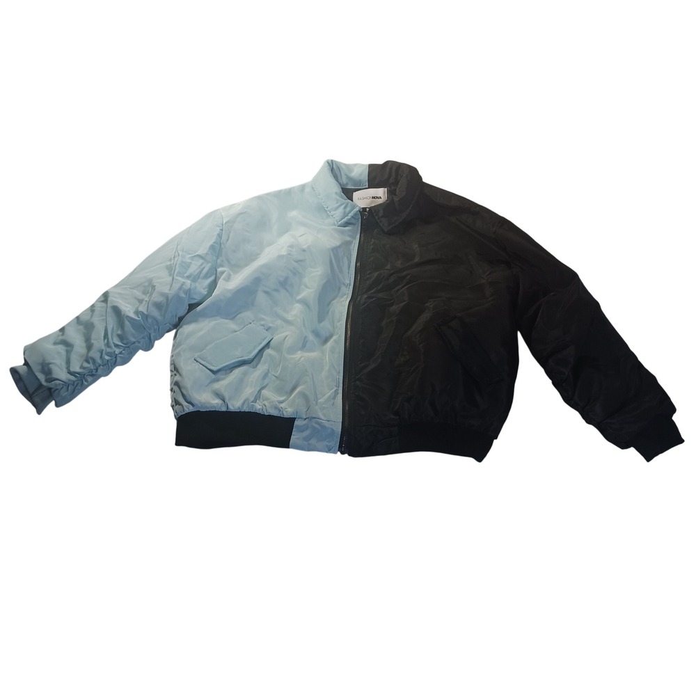 Fashion Nova XS Two Way Colorblock Bomber Jacket Black Blue NWT‎ Streetwear Y2K